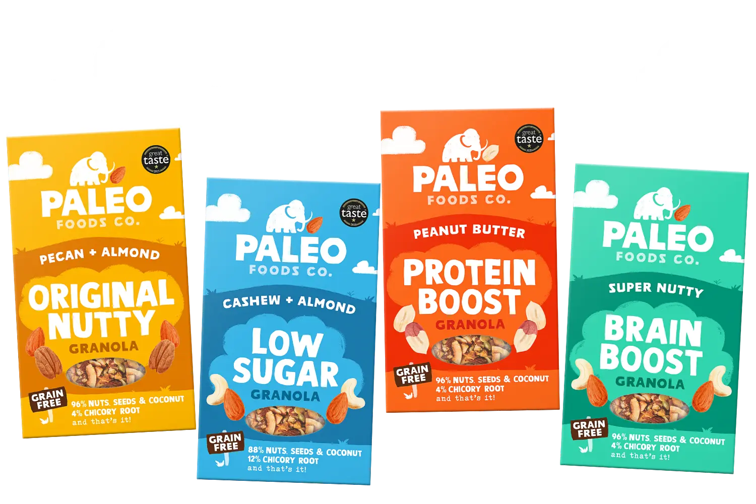 Four packages of Paleo Foods Co. granola on a white background