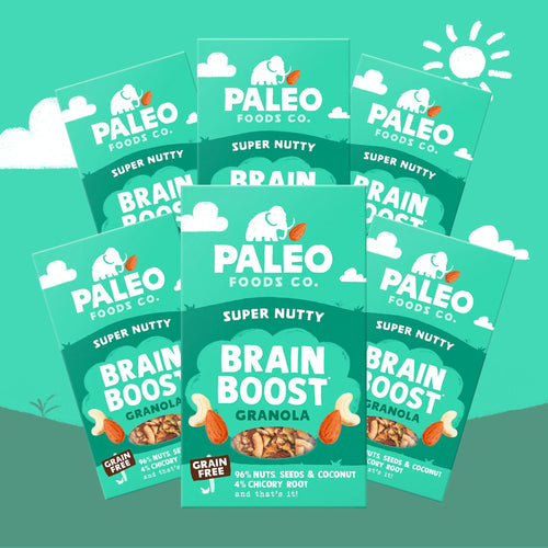 Paleo Foods Co. Super Nutty Brain Boost Granola packaging on a green background with sun and clouds.