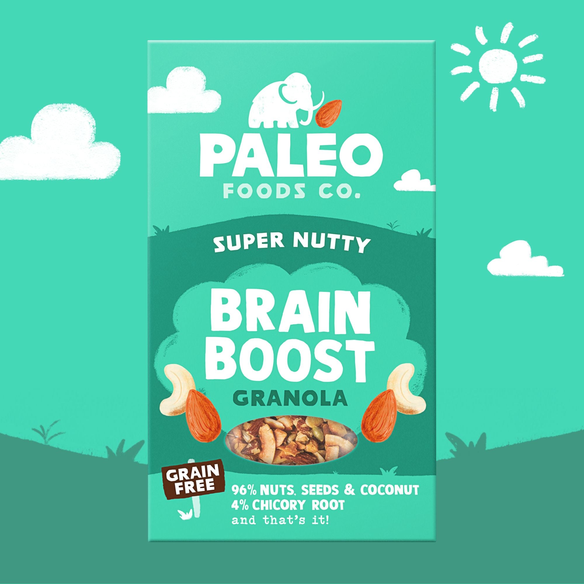 Paleo Foods Co. Super Nutty Brain Boost Granola packaging on a green background with sun and cloud illustrations.