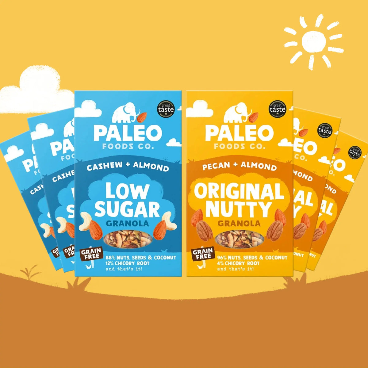 Four Paleo Foods Co. granola snack packs fanned out against a warm yellow and brown background.