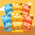 Five Paleo Foods Co. granola snack boxes arranged in a fan shape on a warm yellow-orange background.