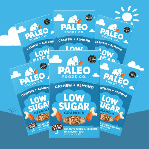 Multiple packages of Paleo Foods Co. Cashew & Almond Low Sugar Granola on a blue background with sun and cloud illustrations.