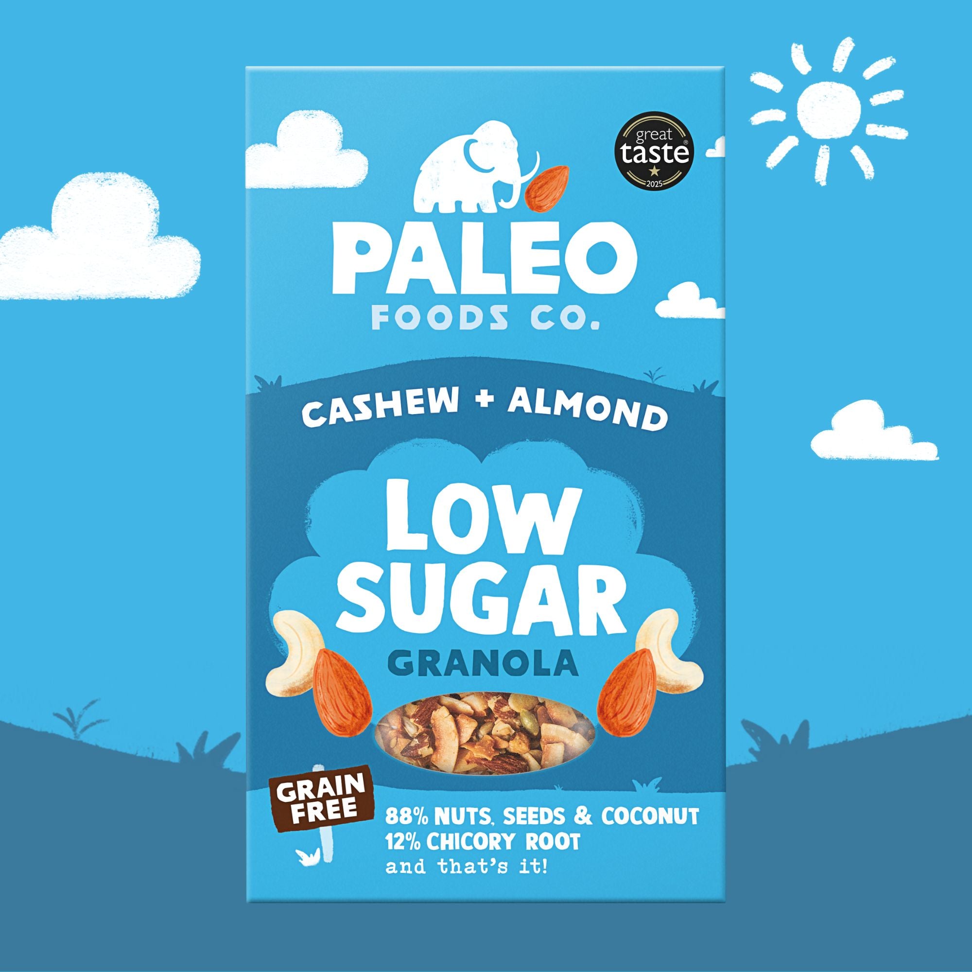 Paleo Foods Co. cashew and almond low sugar granola package on a blue background with sun and clouds.