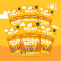 Multiple packages of Paleo Foods Co. Original Nutty Granola on a yellow background