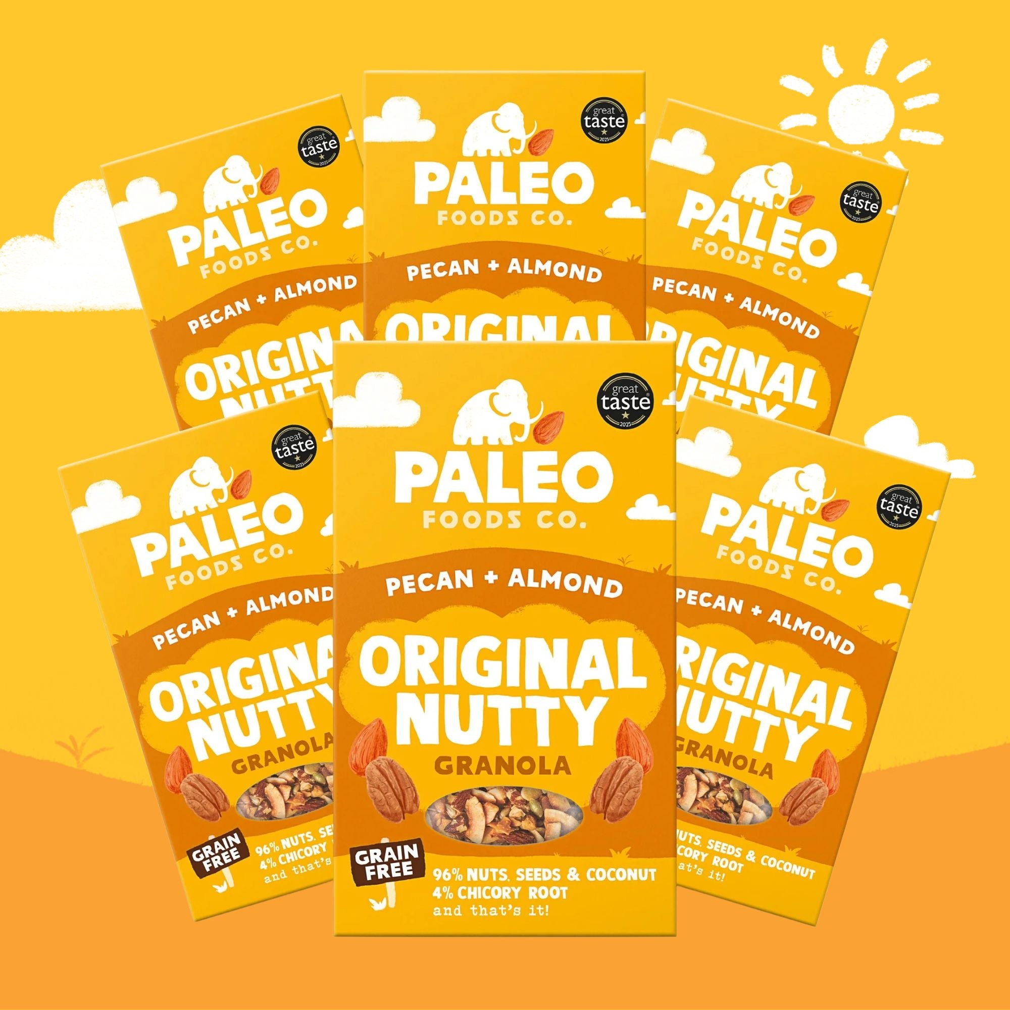 Multiple packages of Paleo Foods Co. Original Nutty Granola on a yellow background