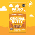 Paleo Foods Co. pecan and almond granola package on a yellow background with sun and cloud illustrations.