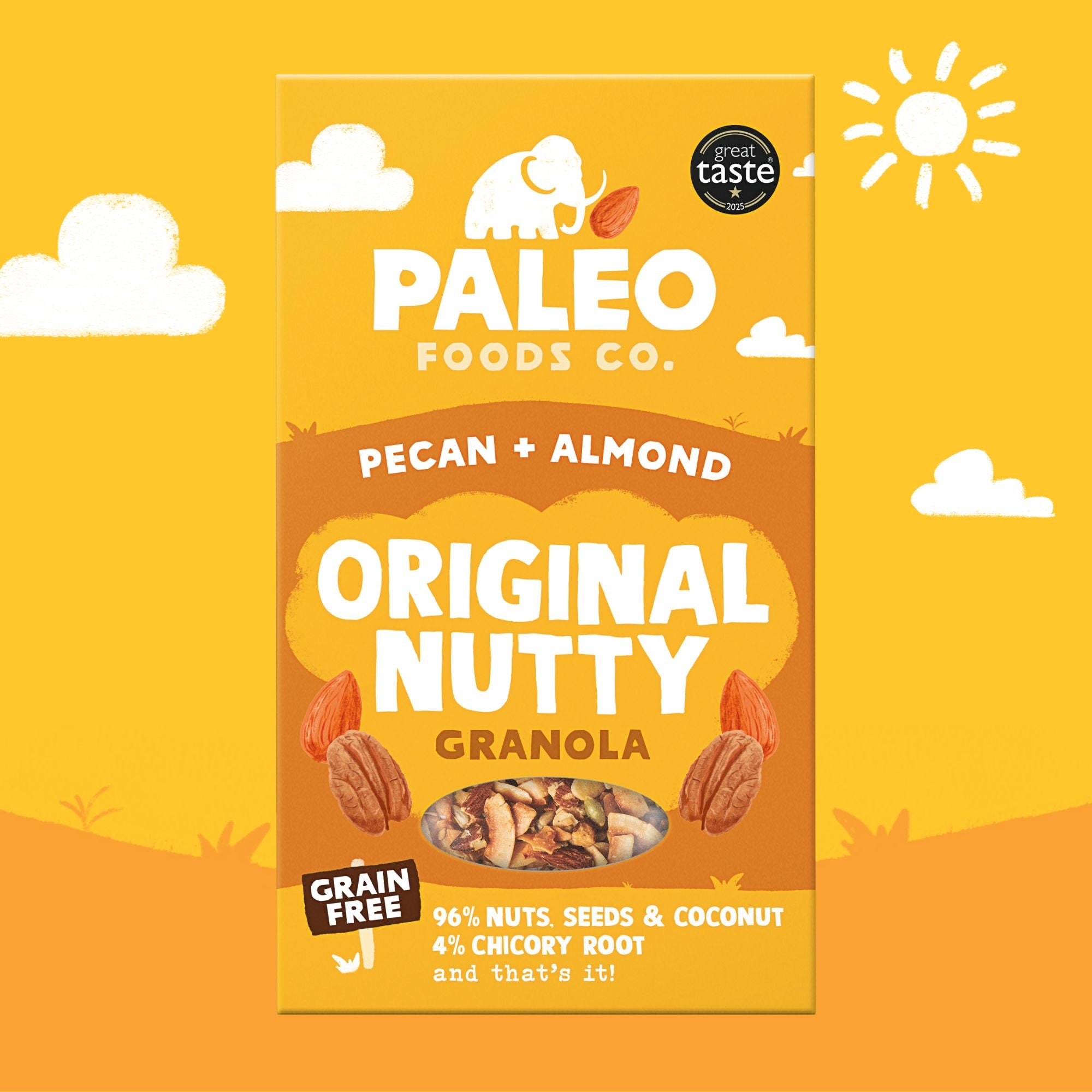 Paleo Foods Co. pecan and almond granola package on a yellow background with sun and cloud illustrations.