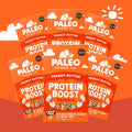 Multiple packages of Paleo Foods Co. Peanut Butter Protein Boost products on an orange background
