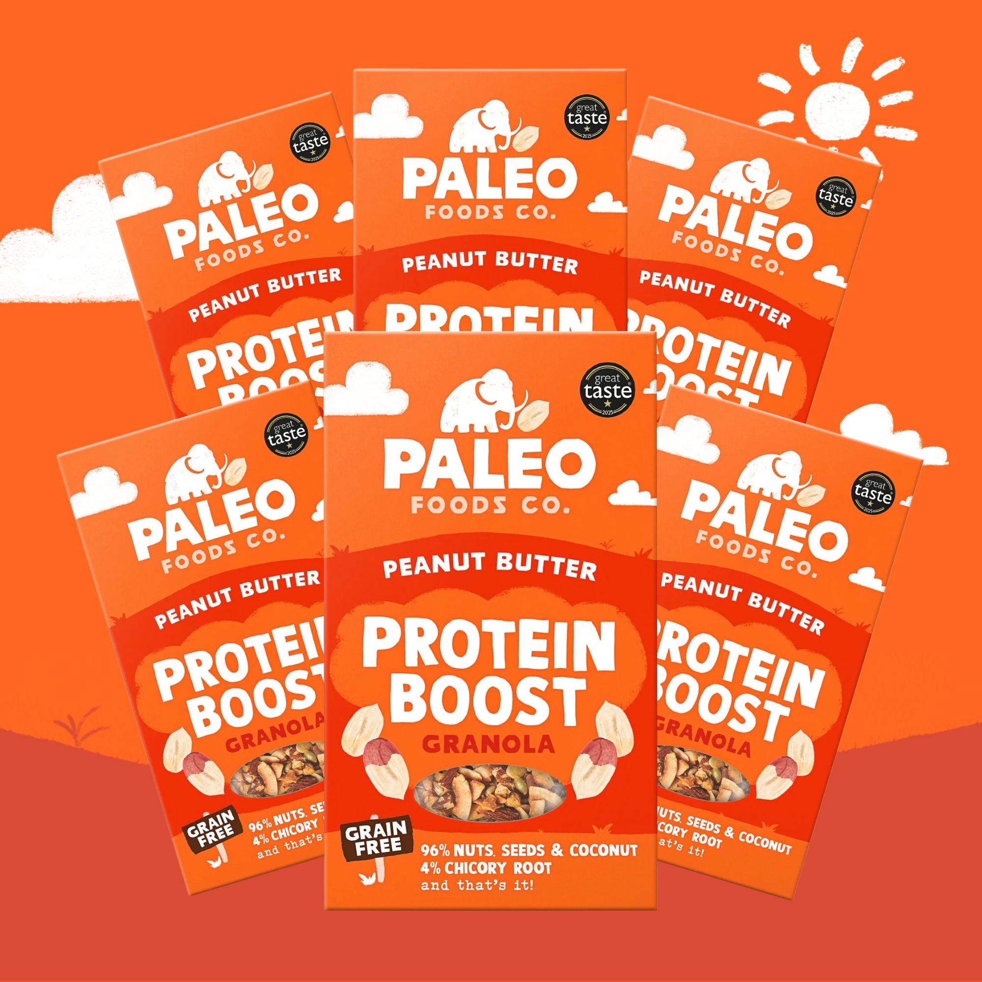 Multiple packages of Paleo Foods Co. Peanut Butter Protein Boost products on an orange background