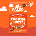 Paleo Foods Co. Peanut Butter Protein Boost Granola packaging on an orange background with sun and clouds.