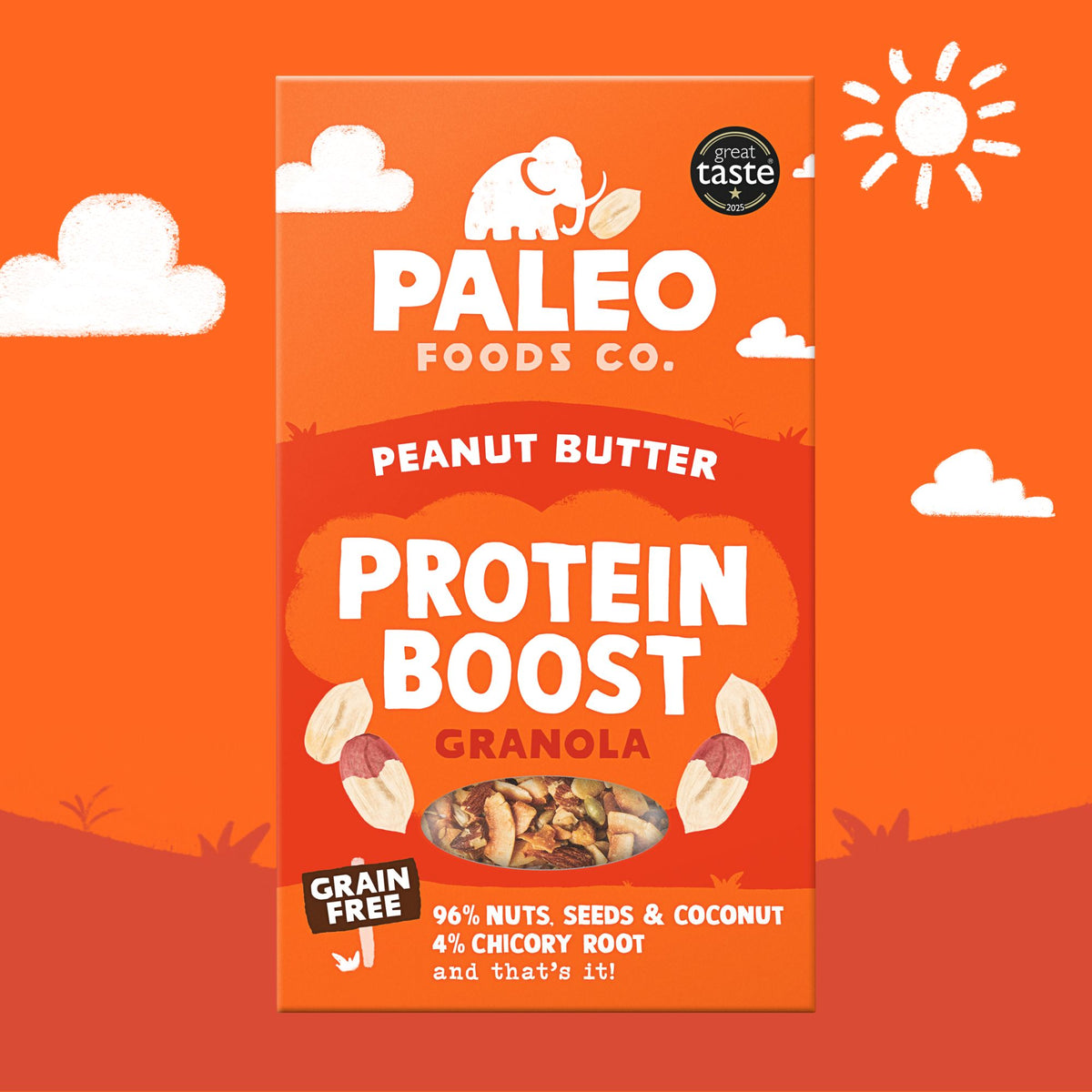 Paleo Foods Co. Peanut Butter Protein Boost Granola packaging on an orange background with sun and clouds.